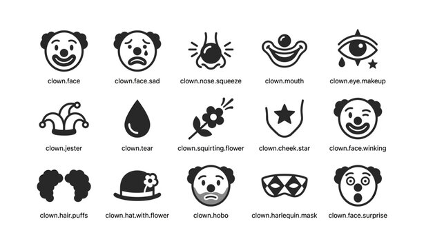 Clown icons arranged in grid with labels on white background