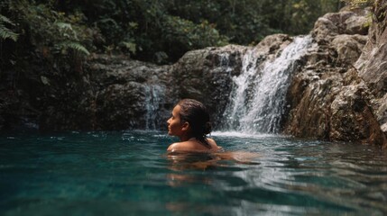 Fototapeta premium Young woman swimming in a pool of water near a waterfall. she is facing away from the camera, with her back towards the camera.