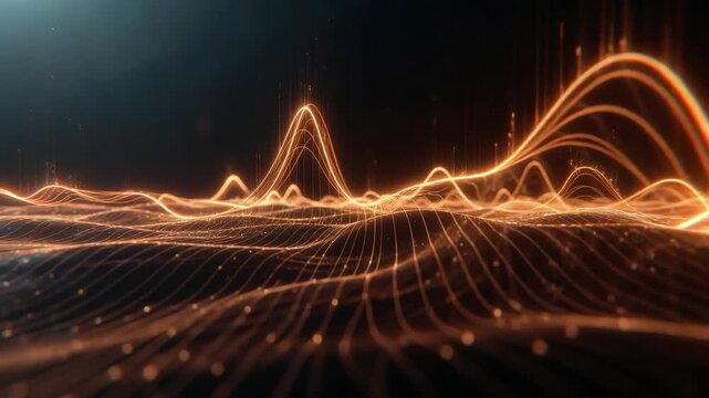 Abstract glowing wave lines forming peaks over dark background, concept of data flow and digital motion visual