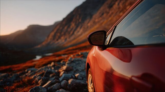 Close-up of the side mirror of a red car. the car is parked on a rocky terrain with mountains in the background.