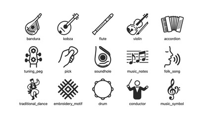 Obraz premium Folk instruments and musical icons displayed in grid layout