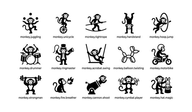 Monkey circus icons showing acrobatics and performance actions