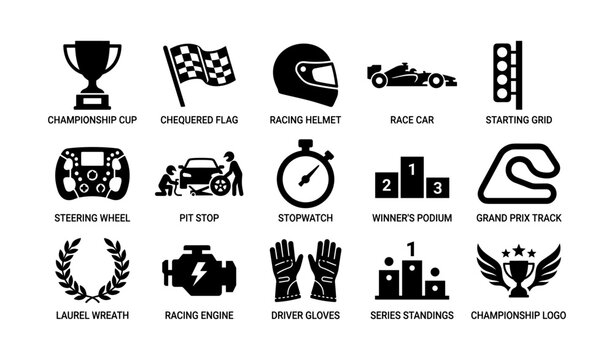 Auto racing and motorsport icons showing trophies and equipment