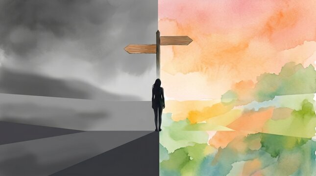 Woman at crossroads looking at signpost choosing between dark stormy path and bright colorful future
