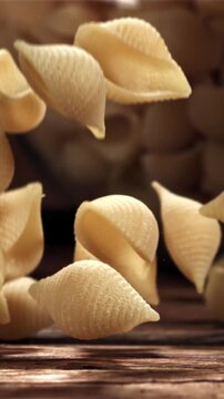 Dry pasta falls on a wooden table. Filmed on a high-speed camera at 1000 fps. High quality FullHD footage