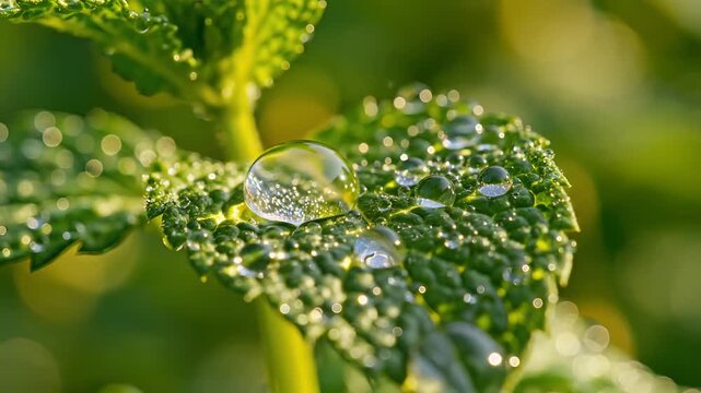 Macro shot of fresh green mint leaves with morning dew drops glistening.