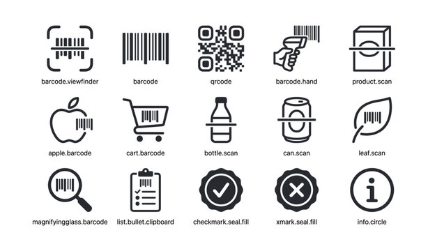 Barcode and scanning icons showing qr codes and product scans on white