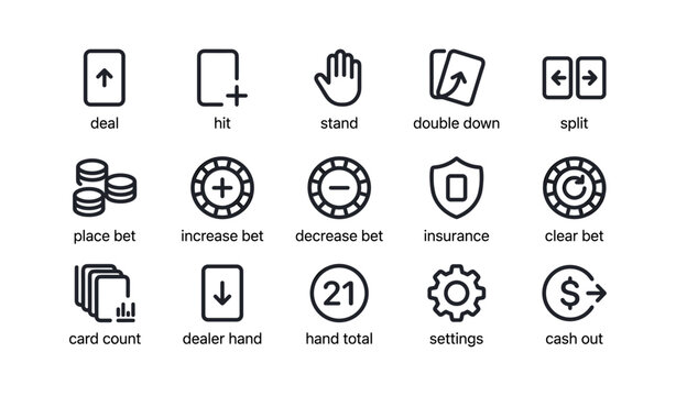 Blackjack action icons showing game controls on white background