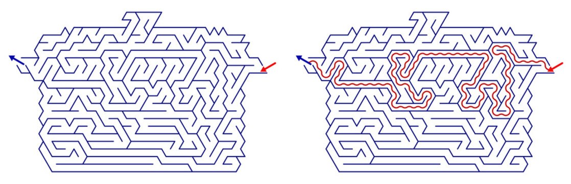 Labyrinth with answer in the form of colorful silhouette of pot  