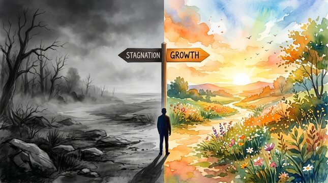 Business decision concept choice between economic stagnation or strategic financial growth watercolor