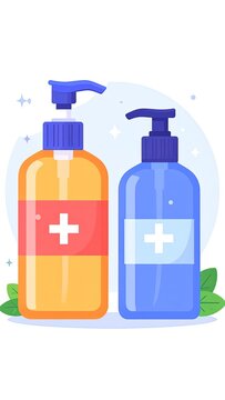 Hand sanitizer bottles with cross symbol.