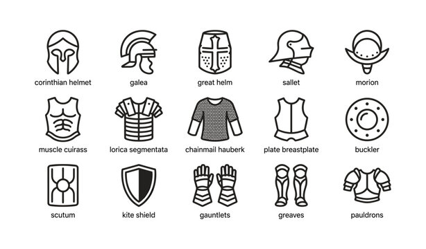 Medieval and ancient armor icons showing helmets and plates on white