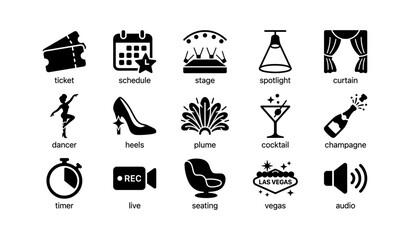 Fototapeta premium Entertainment and show icons arranged in grid on white background
