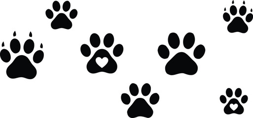 Fototapeta premium Black paw print silhouettes with heart detail on white background