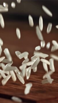 Grains of rice fall onto a wooden cutting board. Filmed on a high-speed camera at 1000 fps. High quality FullHD footage