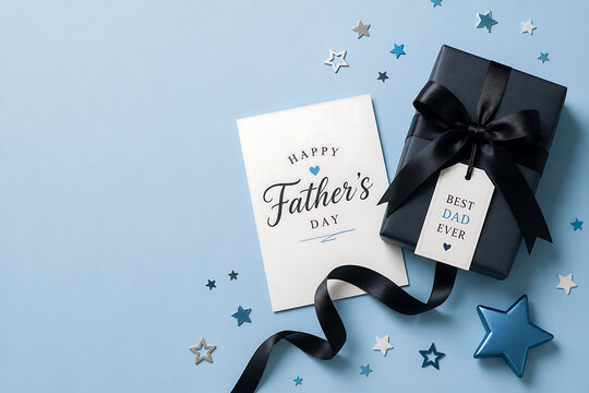 Happy fathers day card and gift on blue background with stars fathers day