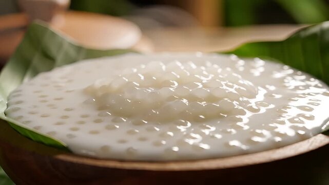 Steaming Hot Sago Pudding Served in Banana Leaf Bowl.