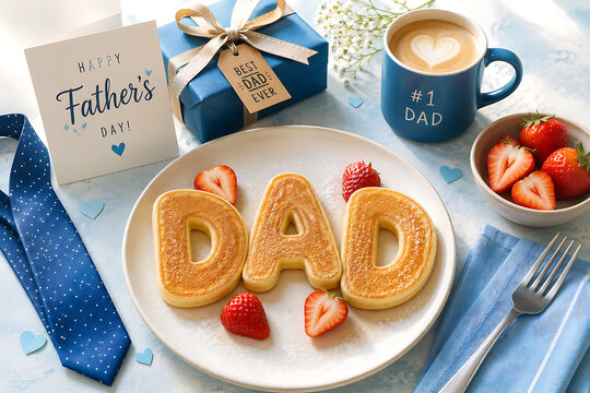 A festive fathers day breakfast setup with pancakes shaped like dad on a plate surrounded by strawberries and a cup of coffee fathers day