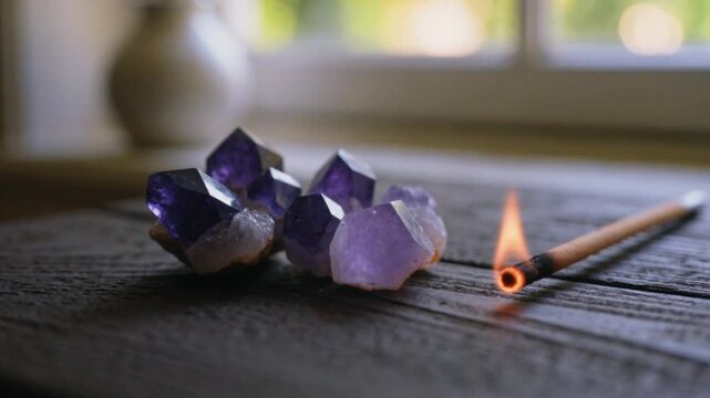 Cristales de amatista y varita de incienso encendida sobre mesa de madera r&uacute;stica
