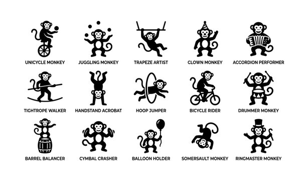 Monkey circus icons showing performing acts and juggling props