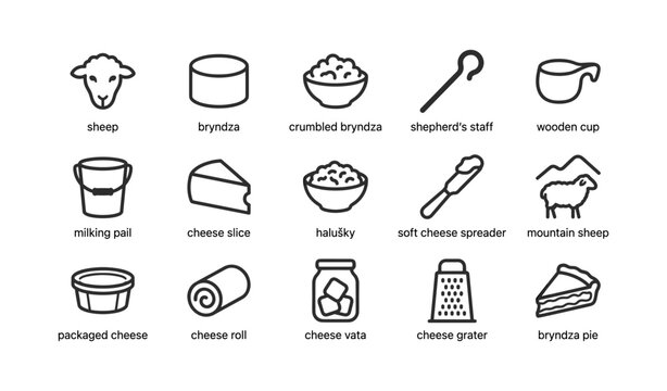 Sheep and traditional cheese icons arranged in grid layout