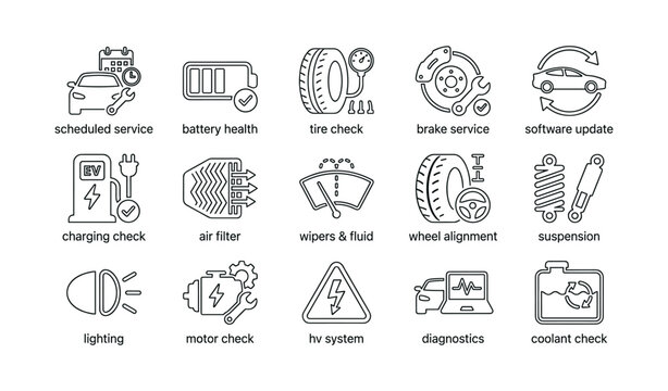 Automotive service icons showing maintenance and diagnostics on white