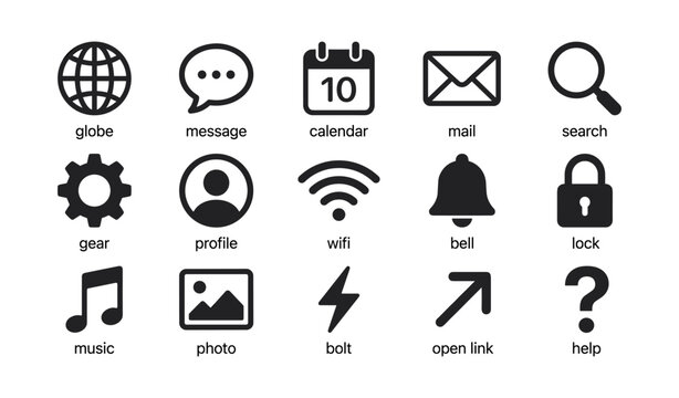 User interface icons showing common app symbols in grid