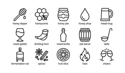 Fototapeta premium Row of honey and mead icons arranged on white background