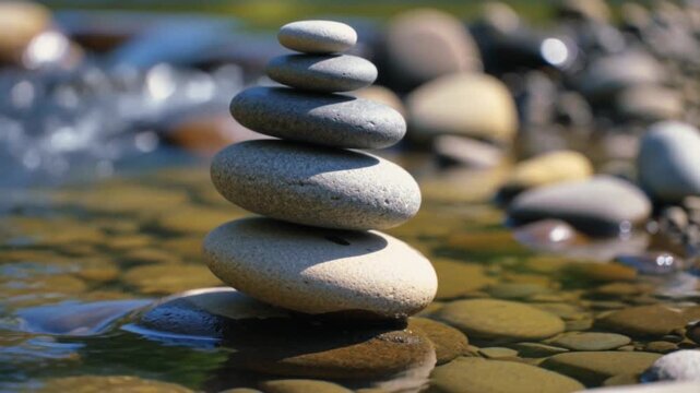 Piedras zen en perfecto equilibrio sobre el agua de un r&iacute;o cristalino