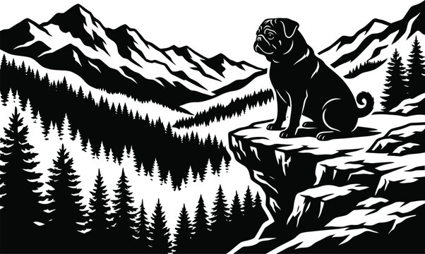 Silhouette of a pug dog sitting on a cliff with a mountain range and pine trees in the background