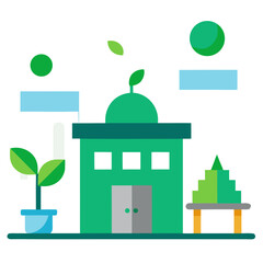 Illustration of green mosque building with dome and minaret surrounded by nature elements © rayhanbd.net