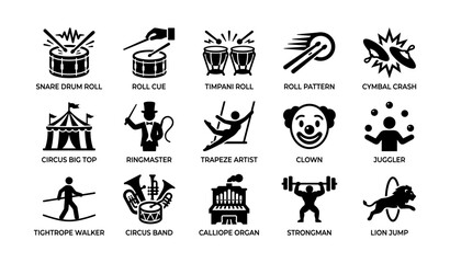 Obraz premium Circus and performance icons arranged in rows on white background