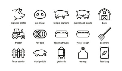 Fototapeta premium Pig farm icons arranged in grid with farm equipment