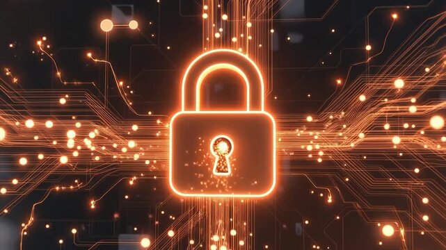 Glowing padlock surrounded by bright circuit lines in neon style on dark background, showing concept of cybersecurity, privacy and data protection