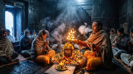 Fototapeta premium Kedarnath Morning Aarti – Cold Himalayan Shiva Temple Devotion