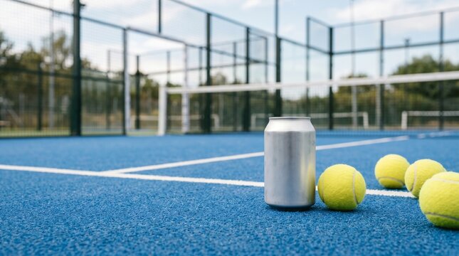 Silver Can Mockup on Padel Court with Balls and Racket