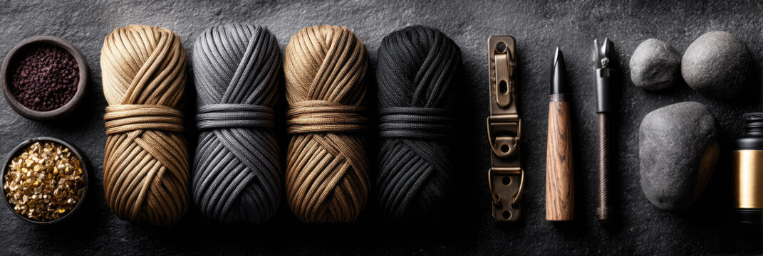 Crafting essential survival gear setup featuring multiple spools of paracord, natural stones, compact tools, and DIY components for outdoor adventure preparedness