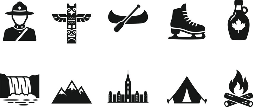 Canadian icons set mounties totem poles maple syrup and outdoor adventure glyphs