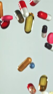 Mixed capsules and tablets tumbling against pale background, pharmacy Filmed on a high-speed camera at 1000 fps.