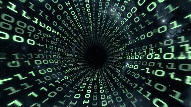 Binary digits forming a swirling tunnel in a digital style on a dark background, symbolizing data flow and information movement