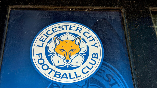 Leicester, England, UK - 23 April 2026: Leicester City FC football club official crest close up, premier league soccer team logo on blue background
