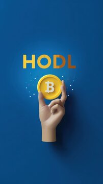 Hand holding bitcoin and hodl lettering on blue background