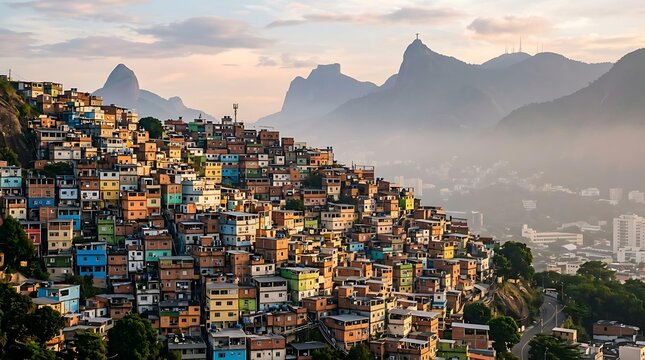 Colorful favela houses cascade down a hillside in Rio de Janeiro with mountains and Christ the Redeemer statue in the background