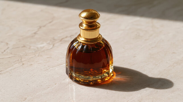 Elegant amber glass perfume bottle with golden cap on marble surface