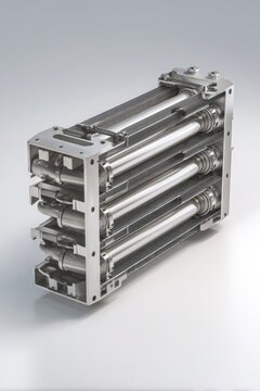 Industrial heat exchanger with interlocking metallic tubes and radiating fins, maximizing thermal transfer efficiency in mechanical engineering processes