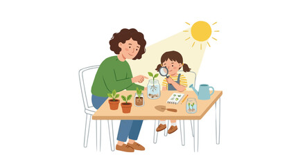 Fototapeta premium FLAT 2d minimalist Mother and daughter learning about plants and growth with magnifying glass and watering can under the sun Silhouette PNG Isolated on transparent background vector