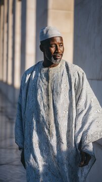 West African adult man in patterned boubou, walking confidently in sunlight, showcasing traditional attire and cultural heritage with a serene expression and elegant posture