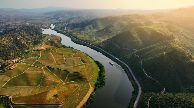 Douro Valley river cruise in Portugal featuring aerial views of vineyard landscapes and scenic river travel