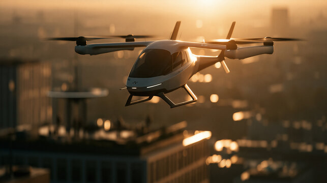 Future of Urban Flight: An advanced electric vertical takeoff and landing (eVTOL) aircraft soars over a city skyline at sunrise, symbolizing innovation and sustainable transportation.