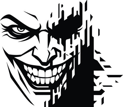 Abstract geometric joker face vector illustration. Evil clown villain silhouette melting into vertical glitch lines and pixel fragments, mad psychopathic monster character concept. Black line art grap
